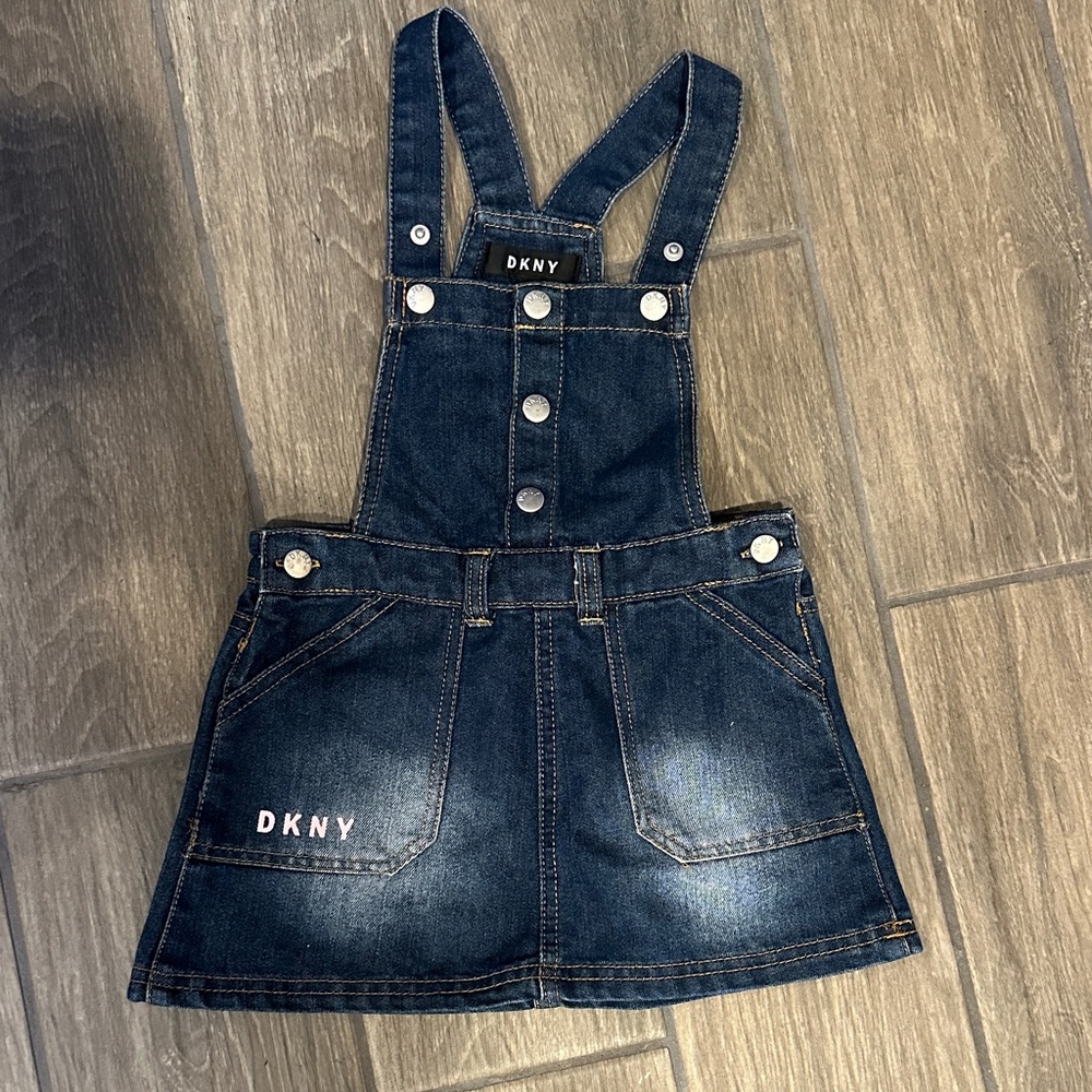 DKNY Kids Dark Blue Denim Overall Skirt with DKNY Silver Buttons. Obviously EUC